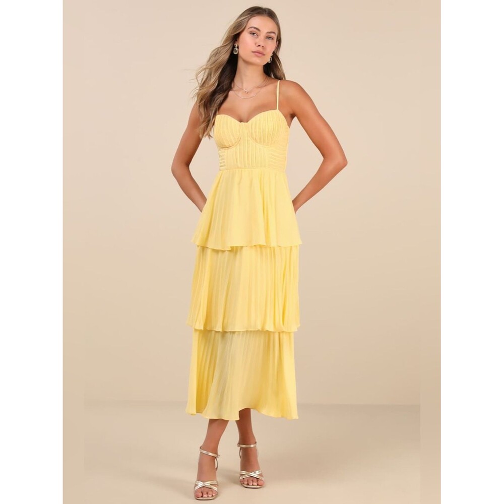 Lulus Cascading Crush Yellow Tiered Bustier Pleated Midi Dress NWT Size Small